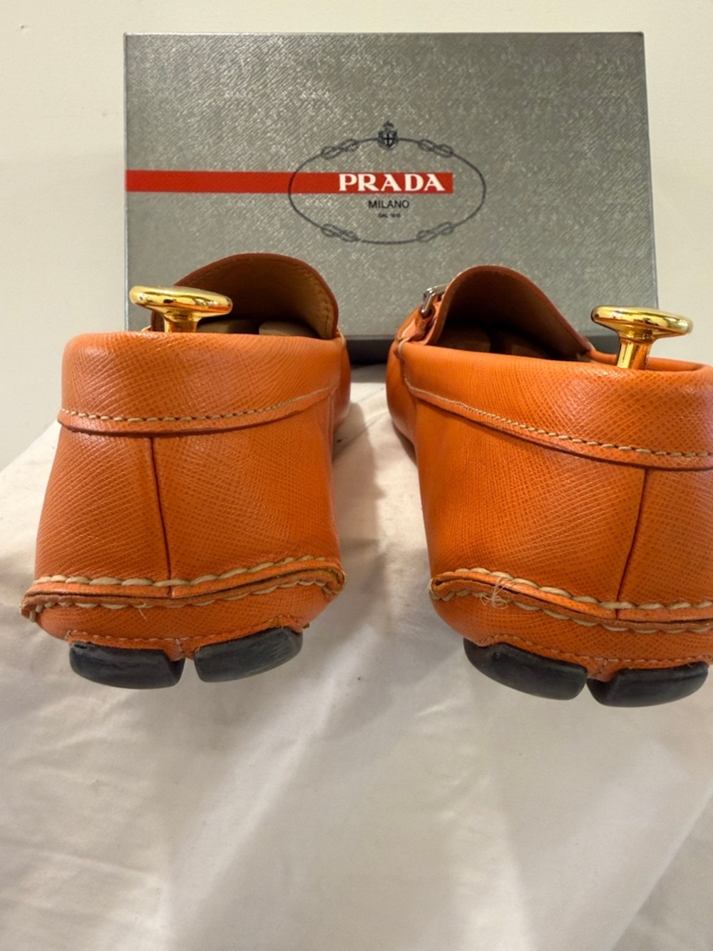 Prada Men’s Orange Leather Bit-Detail Driving Loafers Mens 11-12 - Picture 4 of 7